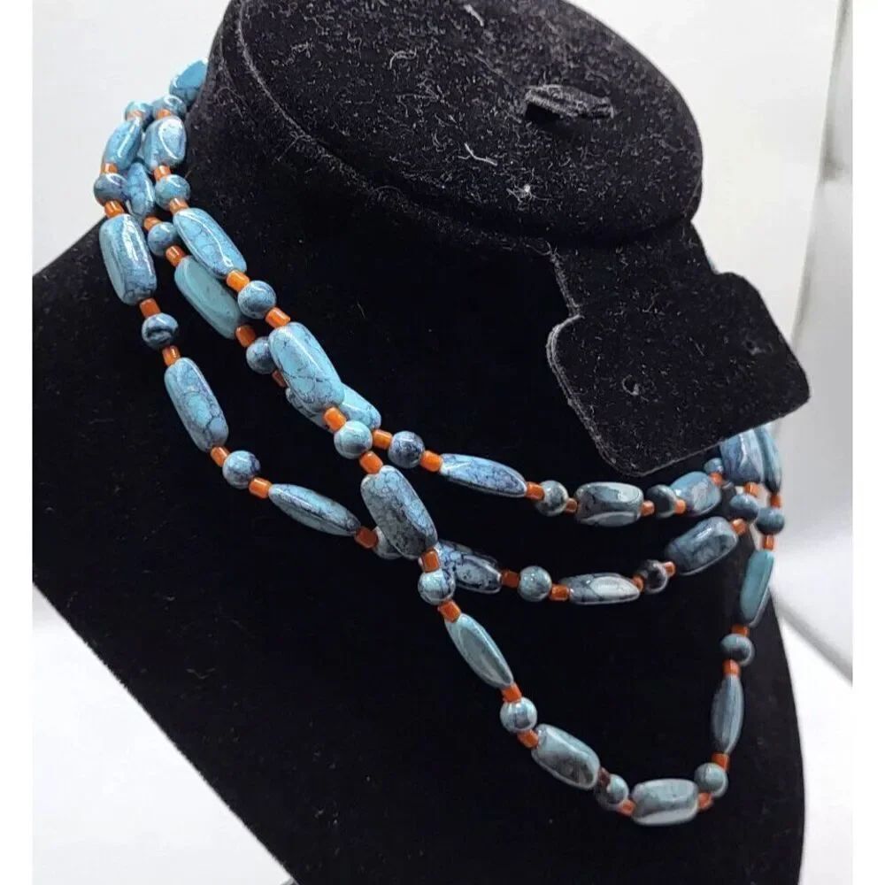 Southwestern Faux Tuquoise and Coral Long Necklace 47in